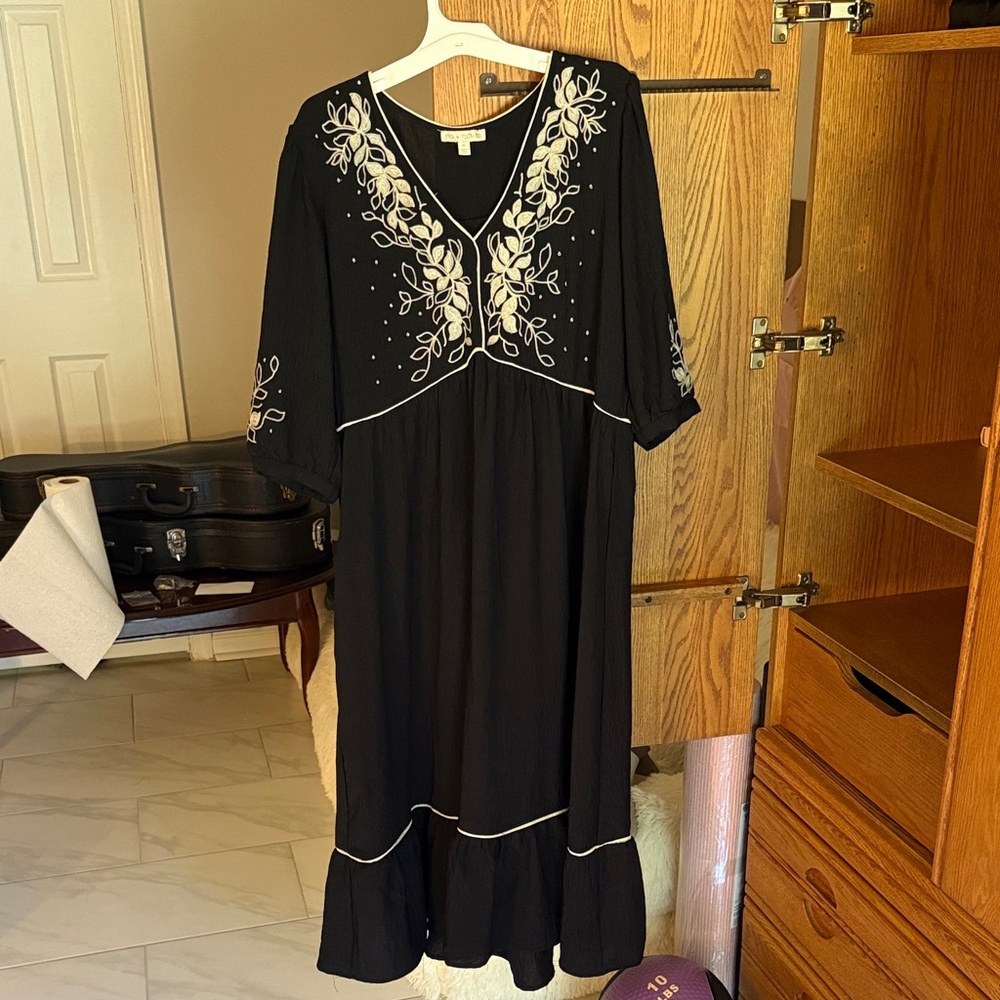 Black Dress with White Embroidery